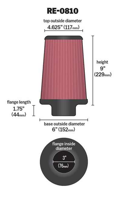 K&N FILTER RE-0810 K&N High-Flow Original Lifetime Universal Clamp-On Air Filter: High Performance, Premium, Washable: Flange Diameter: 3 In, Filter Height: 9 In, Flange Length: 1.75 In, Shape: Round Tapered, RE-0810