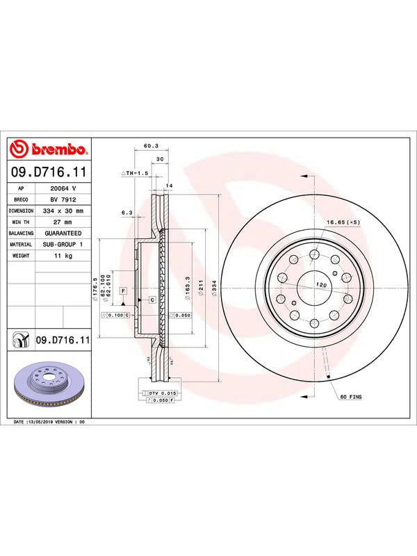 BREMBO 09D71611C02 Brembo 09.D716.11 UV Coated vented Brake Rotor LEXUS/TOYOTA OE# 4351250240