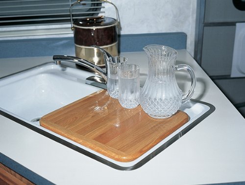 CAMCO 43431 Camco Camper/RV Sink Cover - Features Adjustable Legs w/Non-Slip Feet & Solid Oak Hardwood Top w/Non-Toxic Gloss Finish -Top Measures 13” x 15” - Great for RVs, Campers, Boats & More (43431)