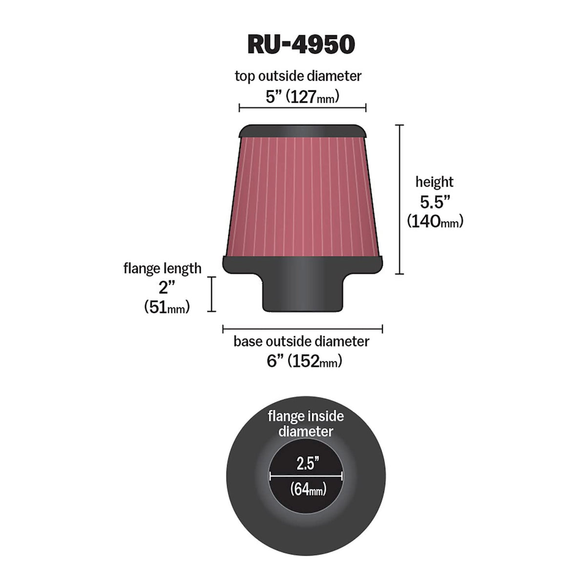 K&N FILTER RU-4950 K&N High-Flow Original Lifetime Universal Clamp-On Air Filter: High Performance, Premium, Washable: Flange Diameter: 2.5 In, Filter Height: 5.5 In, Flange Length: 2 In, Shape: Round Tapered, RU-4950