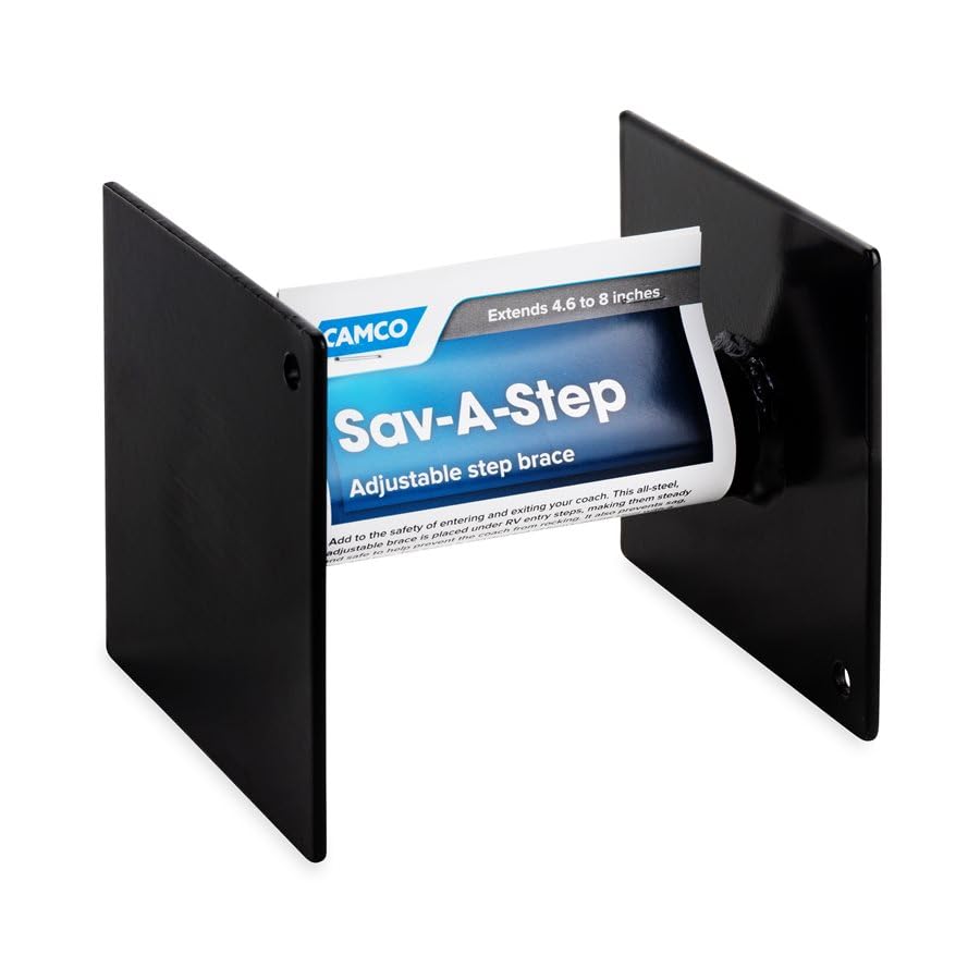 CAMCO 43681 Camco Camper/RV Save-A-Step Brace - Stabilizes RV Steps & Protects Camper Step from Sag and Wear - Features 1,000lb Load Rating & Adjusts from 4-5/8” to 8” - Crafted of Heavy-Gauge Steel (43681)