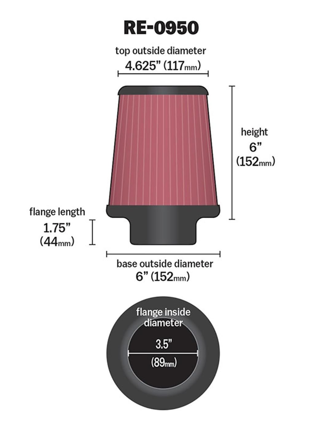 K&N FILTER RE-0950 K&N High-Flow Original Lifetime Universal Clamp-On Air Filter: High Performance, Premium, Washable: Flange Diameter: 3.5 In, Filter Height: 6 In, Flange Length: 1.75 In, Shape: Round Tapered, RE-0950