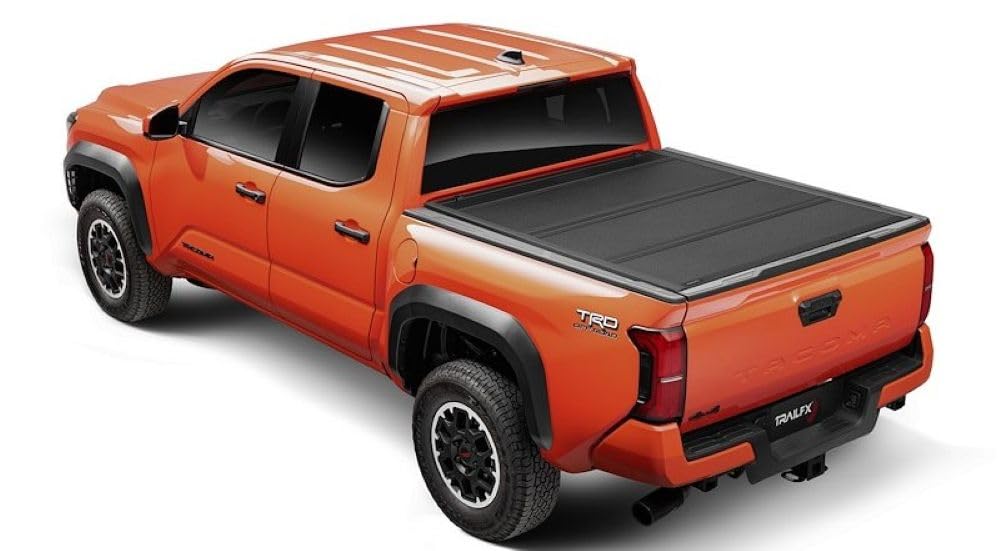 TRAILFX TFX8014 Hard Tri-Fold Tonneau Cover Fits Toyota Tacoma 6 Foot Bed 2024-2025 Lockable 3 Panel Folding Gloss Black Powder Coated Aluminum Low Profile Truck Bed Cover TrailFX TFX8014