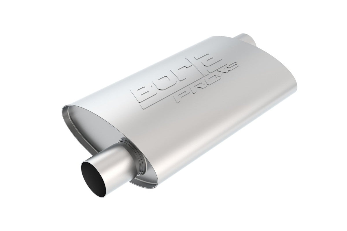 BORLA 40351 BORLA 40351 ProXS Universal Performance Muffler 2.25" Offset Inlet / 2.25" Offset Outlet 4" x 9.5" Oval x 14" Long Body 19" Overall Length Un-Notched Necks Reversible Design T-304 Stainless Steel