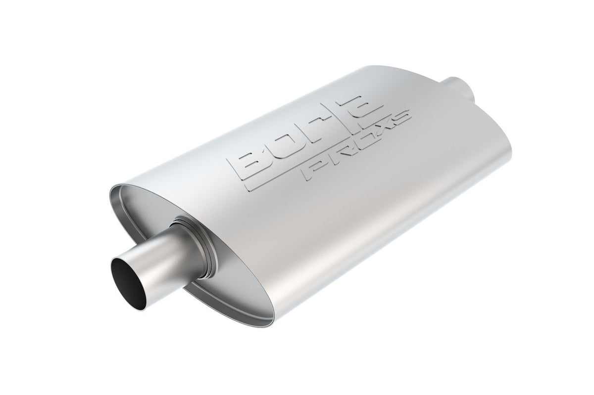 BORLA 40364 BORLA 40364 ProXS Universal Perfrormance Muffler 2.5" Center Inlet 2.5" Center Outlet 4" x 9.5" Oval x 14" Long Body 19" Overall Length Un-Nothed Necks Reversible Design T-304 Stainless Steel