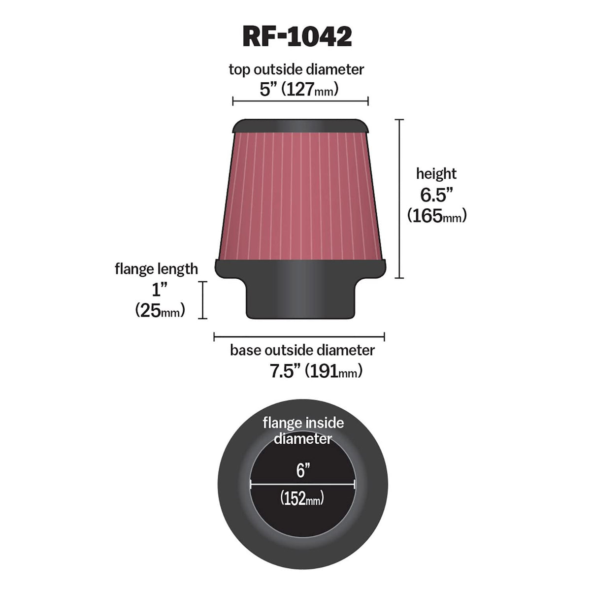 K&N FILTER RF-1042 K&N High-Flow Original Lifetime Universal Clamp-On Air Filter: High Performance, Premium, Washable: Flange Diameter: 6 In, Filter Height: 6.5 In, Flange Length: 1 In, Shape: Round Tapered, RF-1042