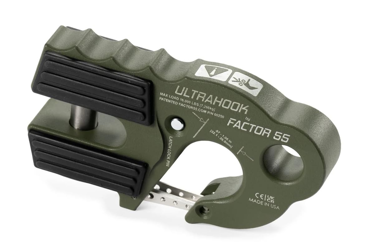 FACTOR 55 00250-14 Factor 55 00250-14 Ultrahook Winch Hook Closed System Shackle Max Load 16,000 lbs ULT Strength Shackle Pin Mount 48,000 lbs Offroad 4x4 Adventure – OD Green