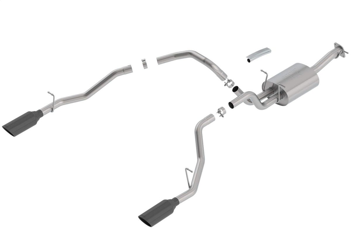 BORLA 140753BC BORLA 140753BC Cat-Back Perf. Exhaust System for 2019-2023 Ram 1500 V8 (Incl. E-Torque) (Exc. Classic) T-304 Stainless Steel ATAK Sound Dual Split Rear Exit Single 5" Round Black Chrome Tips Each Side