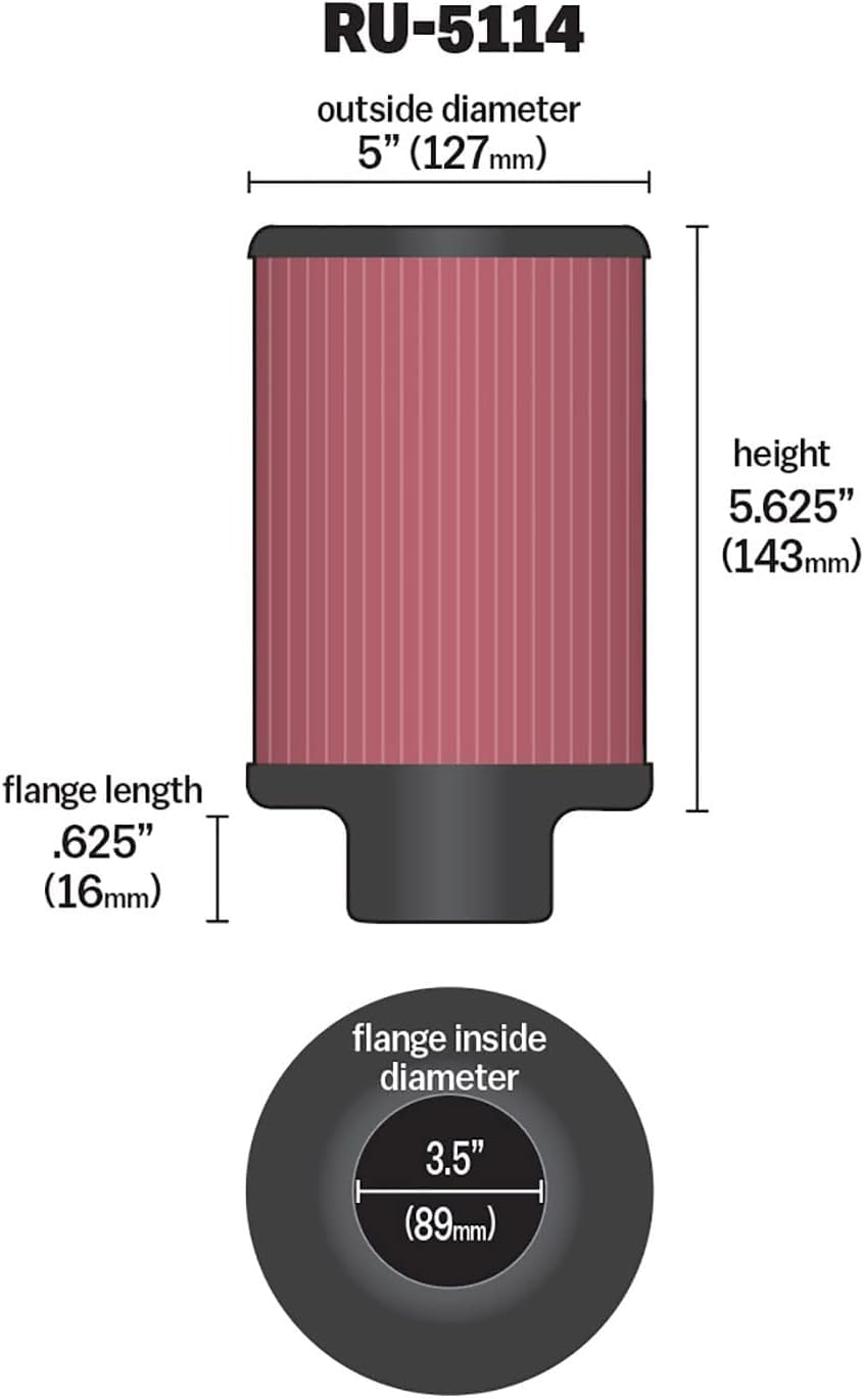 K&N FILTER RU-2420 K&N High-Flow Original Lifetime Universal Clamp-On Air Filter: High Performance, Premium, Washable: Flange Diameter: 3 In, Filter Height: 3 In, Flange Length: 0.625 In, Shape: Round, RU-2420