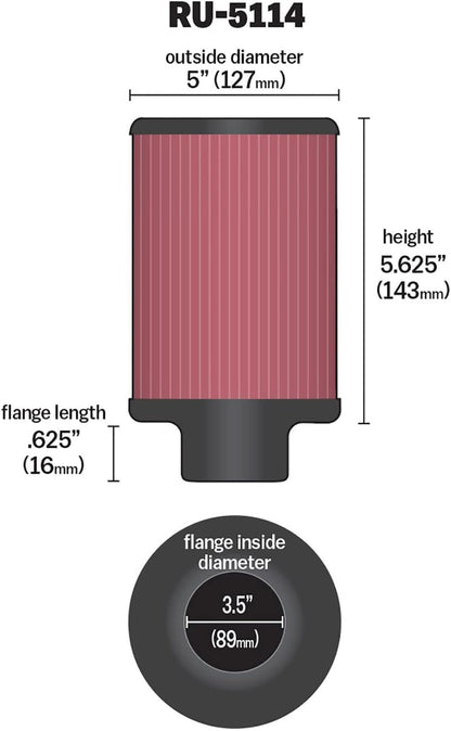 K&N FILTER RU-2420 K&N High-Flow Original Lifetime Universal Clamp-On Air Filter: High Performance, Premium, Washable: Flange Diameter: 3 In, Filter Height: 3 In, Flange Length: 0.625 In, Shape: Round, RU-2420