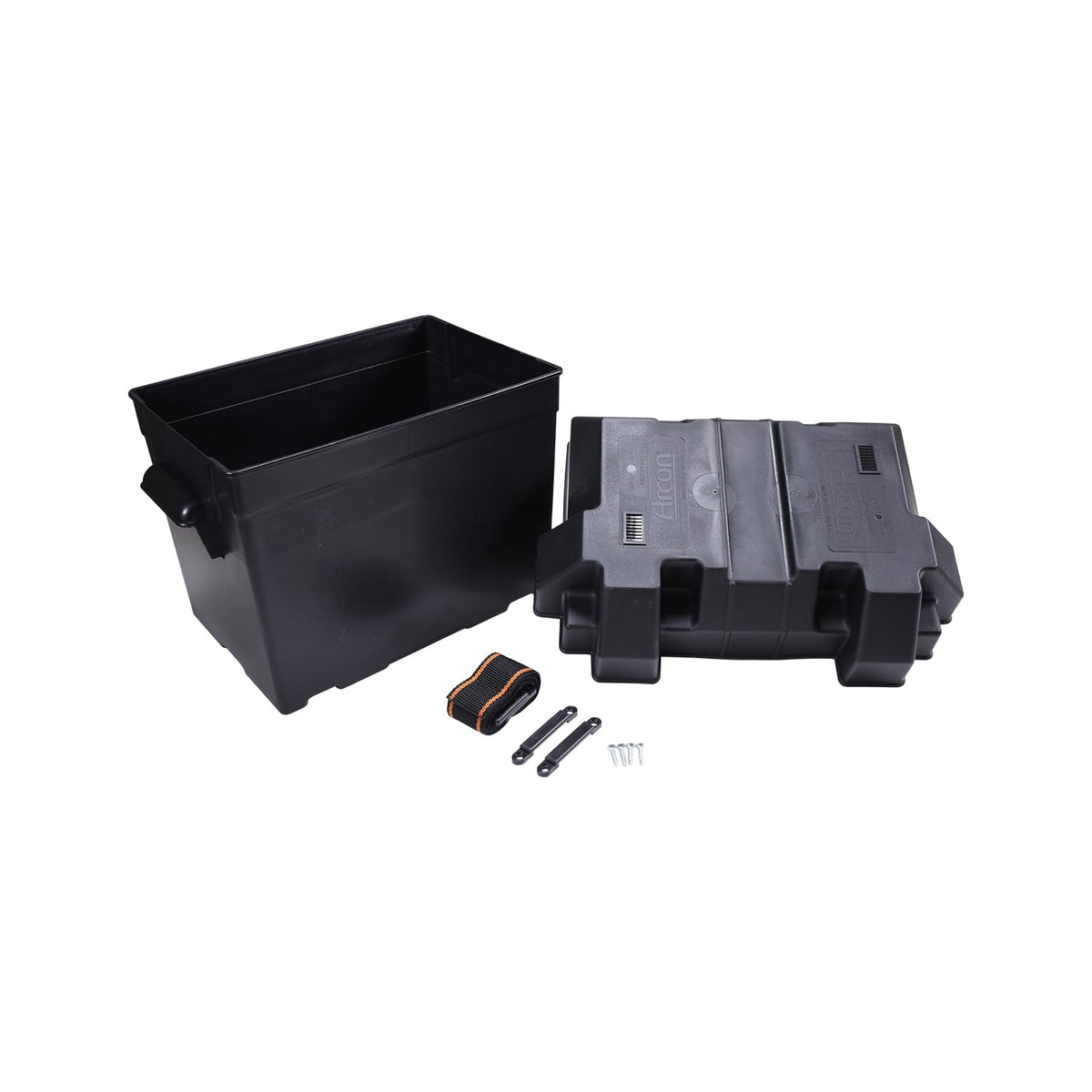 ARCON 13034 Arcon Battery Container 13034, Fits Group 24 Batteries, Strap Style Box, Black, Polypropylene, Vented, with Box/Lid/Strap/Mounting Brackets/Stainless Screws