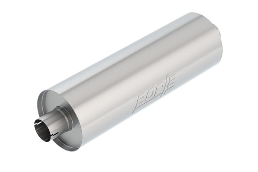 BORLA 401158 BORLA 401158 Specialty Heavy Duty (Truck) Muffler - 2.75" Center Inlet/ 2.75" Center Outlet 7.75" Round x 24" Long Body 29" Overall Length. Universal Part. Reversible Design. Notched Necks.