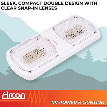 ARCON 20712N Arcon LED Double Ceiling Light 12V Soft White SMD Clear Lens 11.56 x 4.95 Inch Euro-Style Dome Lighting with On Off On Switch RV Camper Trailer Interior Light 20712N