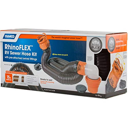 CAMCO 39760 Camco - RhinoFLEX 15' Sewer Hose Kit w/4N1,Elbow, Caps (Eng/Fr)