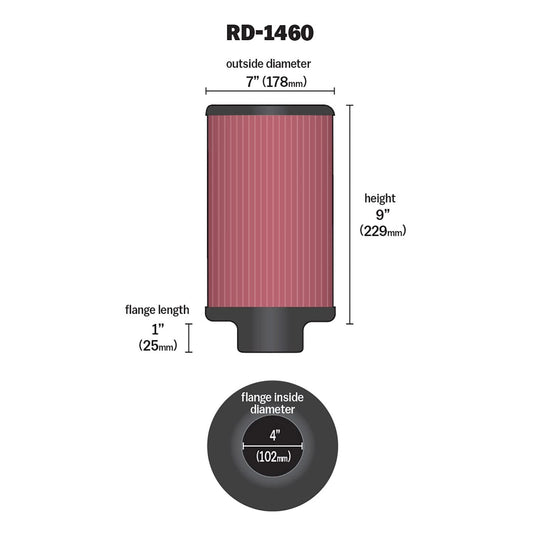 K&N FILTER RD-1460 K&N High-Flow Original Lifetime Universal Clamp-On Air Filter: High Performance, Premium, Washable: Flange Diameter: 4 In, Filter Height: 9 In, Flange Length: 1 In, Shape: Round, RD-1460