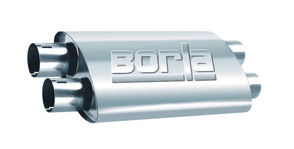 BORLA 400286 BORLA 400286 ProXS Universal Perf. Muffler 2.5" Dual Inlet / 2.5" Dual Outlet" x 9.5" Oval x 19" Long Body 24" Overall Length Reversible Design Onternal X-Pipe T-304 Stainless Steel