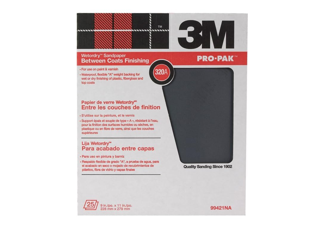 3M 99421 3M Pro-Pak Wetordry Between Finish Coats Sanding Sheets, 320A-Grit, 9-Inch by 11-Inch, 25-Pack