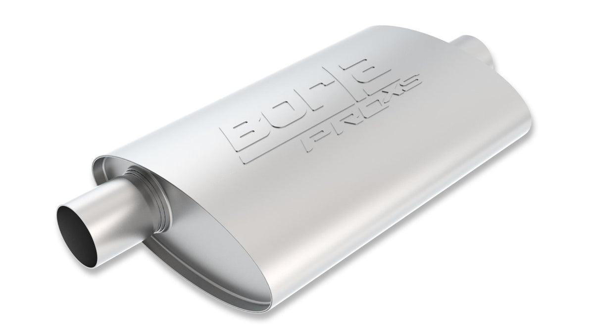 BORLA 40357 BORLA 40357 ProXS Universal Performance Muffler 2.25" Offset Inlet / 2.25" Center Outlet 4" x 9.5" Oval x 14" Long body 19" Overall Length Reversible Design T-304 Stainless Steel