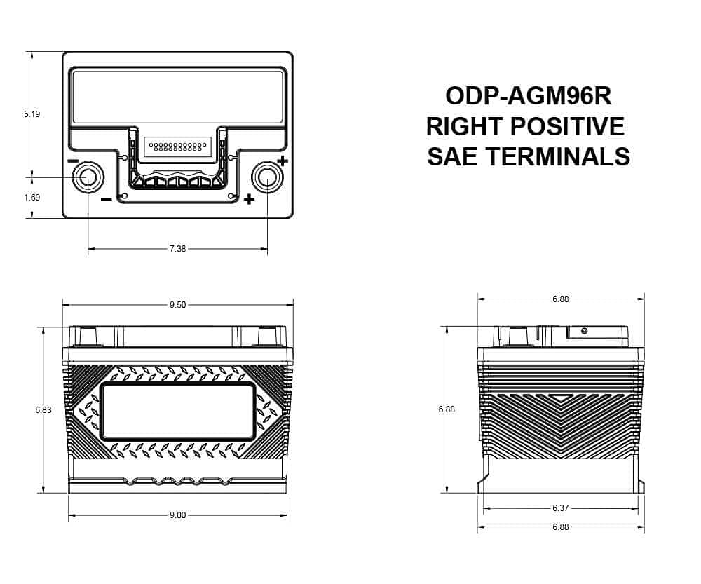 ODYSSEY BATTERY ODP-AGM96R Odyssey Battery, Extreme Series, AGM, 12V, 1100 Cranking amps, Top Post Terminals, 12.36 in L x 7.47 in H x 6.85 in W, Each