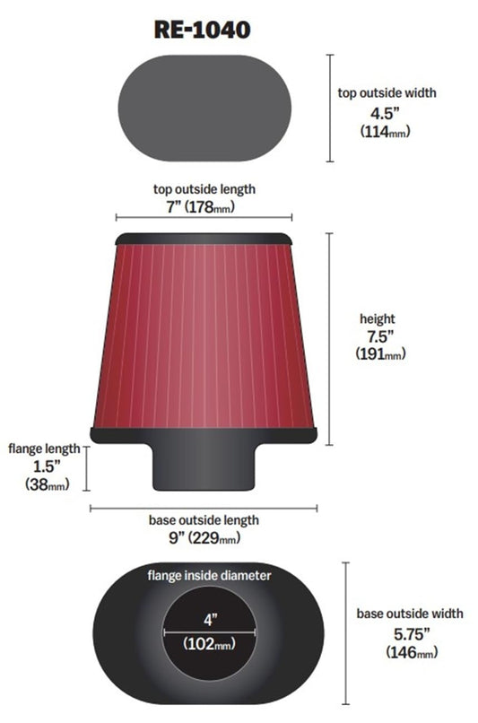 K&N FILTER RE-1040 K&N High-Flow Original Lifetime Universal Clamp-On Air Filter: High Performance, Premium, Washable: Flange Diameter: 4 In, Filter Height: 7.5 In, Flange Length: 1.5 In, Shape: Oval Tapered, RE-1040