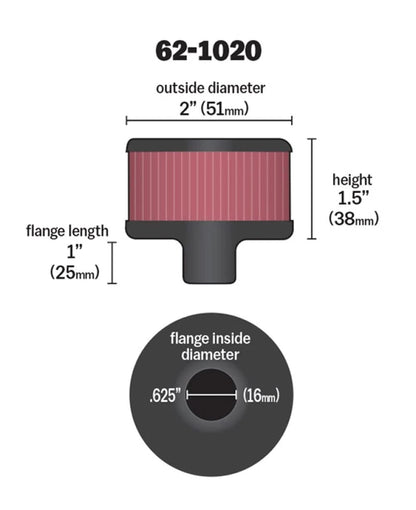 K&N FILTER 62-1020 K&N Vent Air Filter/Breather: High Performance, Premium, Washable, Replacement Engine Filter: Filter Height: 1.5 in, Flange Length: 1 in, Shape: Breather, 62-1020