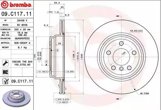 BREMBO 09C11711C02 Brembo 09.C117.11 UV Coated vented Rear Brake Rotor BMW/BMW (BRILLIANCE) OE# 34216864899