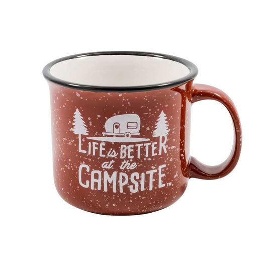 CAMCO 53235 Camco Life is Better at the Campsite Ceramic Mug – Microwave and Dishwasher Safe – Speckled Red Background with White "Life is Better at the Campsite" Design – 14oz. (53235)
