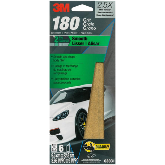 3M 03031 3M Sandpaper, 03031, 180 Grit, 3 2/3 in x 9 in, 6 Sheets