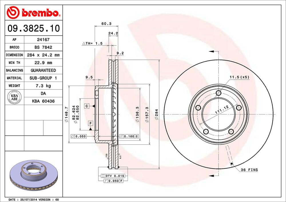 BREMBO 09.3825.10 Brembo 09.3825.10 Standard vented Front Brake Rotor DAIMLER/JAGUAR OE# CAC2647
