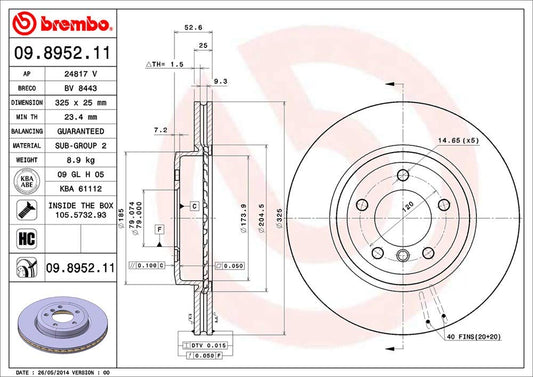 BREMBO 09895211C02 Brembo 09.8952.11 UV Coated vented Front Brake Rotor BMW OE# 34116855156