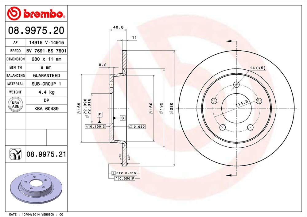 BREMBO 08997521C02 Brembo 08.9975.21 UV Coated solid Rear Brake Rotor MAZDA OE# C25Y26251C