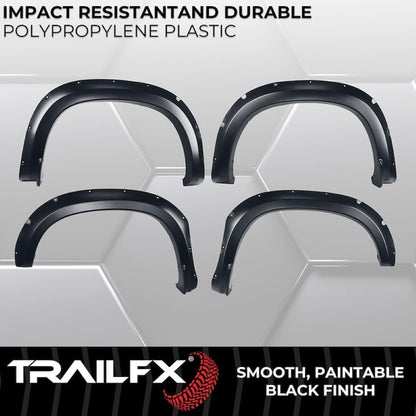 TRAILFX TFC3005S TrailFX TFC3005S Pocket Style Fender Flares for Chevrolet Silverado 1500 2019-2025 Black Smooth Paintable Polypropylene Set of 4 with Stainless and Black Steel Rivets