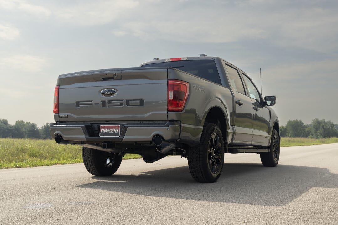 FLOWMASTER 818168 Flowmaster 818168 Outlaw Series Cat-Back Exhaust 3 Inch In Dual 2.5 Out 409 Stainless Steel 4.5 Inch Black Tips Compatible with 2021-2025 Ford F-150 2.7 3.5 5.0L PowerBoost and non-hybrid Factory Dual