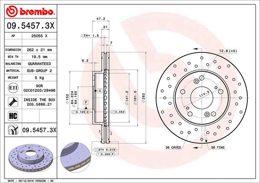 BREMBO 0954573XC02 Brembo 09.5457.3X Xtra UV Coated vented drilled Front Brake Rotor ACURA/CIIMO/HONDA/HONDA (DONGFENG) OE# 45251SNA000