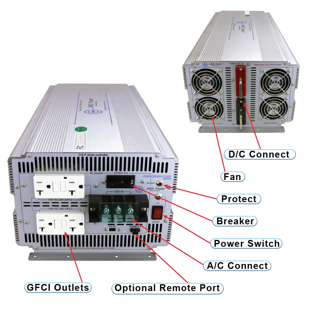 AIMS Power PWRIG500012120S AIMS 5000W 12V Industrial Pure Sine Inverter GFCI 120V PWRIG500012120S