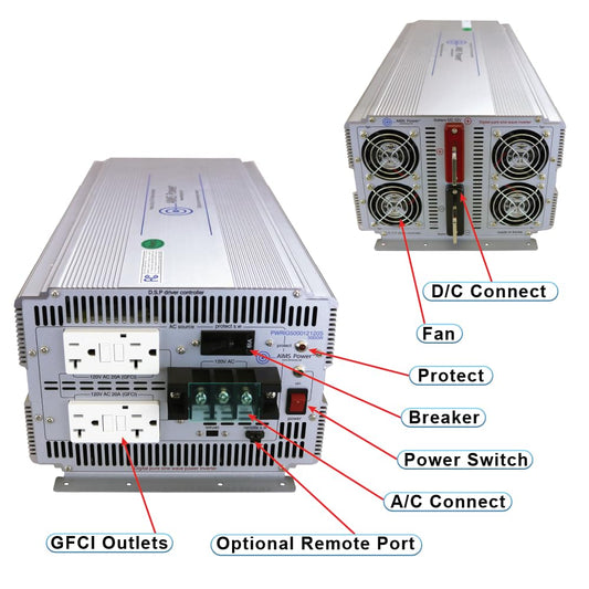 AIMS Power PWRIG500012120S AIMS 5000W 12V Industrial Pure Sine Inverter GFCI 120V PWRIG500012120S