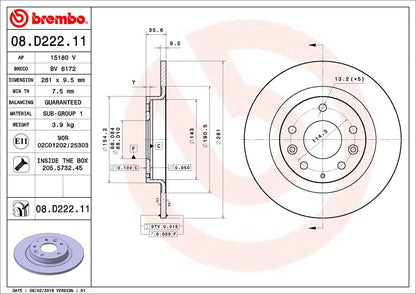 BREMBO 08D22211C02 Brembo 08.D222.11 UV Coated solid Brake Rotor MAZDA OE# D10E26251