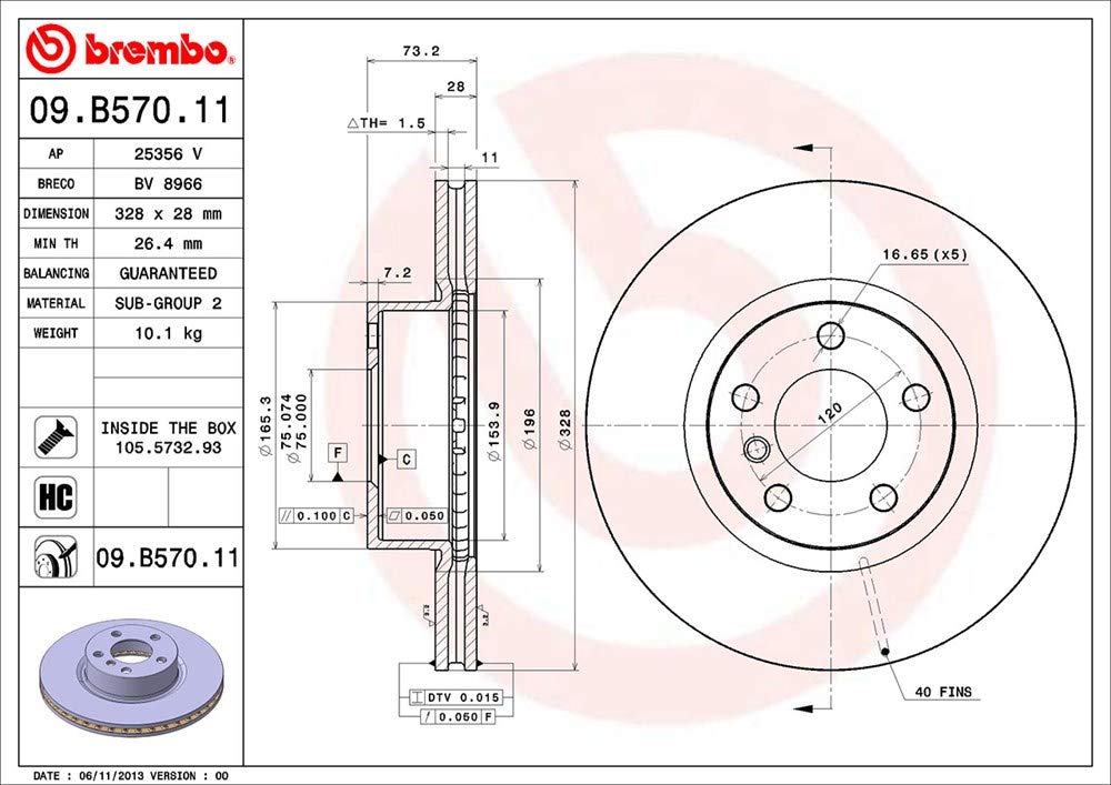 BREMBO 09B57011C02 Brembo 09.B570.11 UV Coated vented Front Brake Rotor BMW OE# 34106787490
