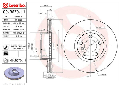BREMBO 09B57011C02 Brembo 09.B570.11 UV Coated vented Front Brake Rotor BMW OE# 34106787490