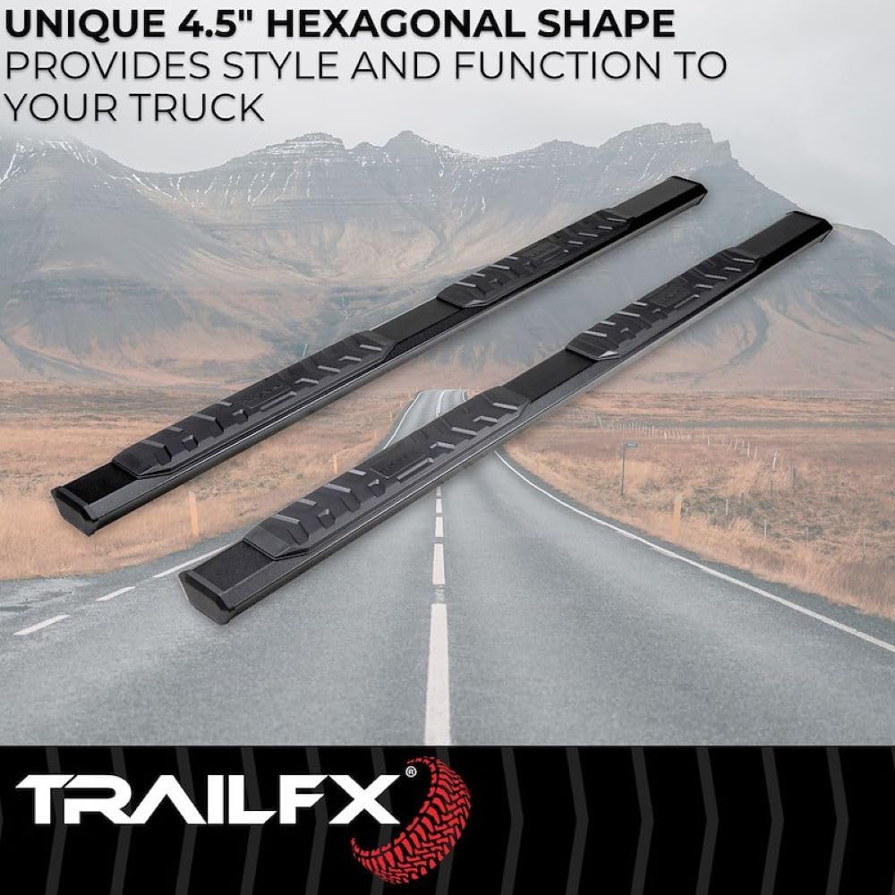 TRAILFX AL4022B Trailfx Truck Side Step Bars Fits 2022-2025 Toyota Tundra Crew Max 4.5-Inch Hexagonal Aluminum Nerf Bars Matte Textured Black Powder Coated, Step Pads Rocker Panel Mount AL4022B