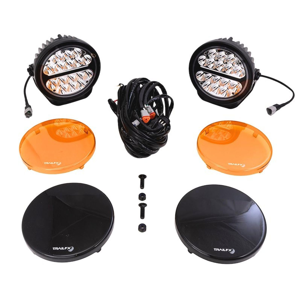 TRAILFX 7RNDS2 Trailfx 7RNDS2 Fog Lights Set of 2 Round 7 Inch LEDs 80W Spot Beam 6720 Raw Lumens Black Aluminum IP68/IP69K With Harness Switch Brackets Amber Lens
