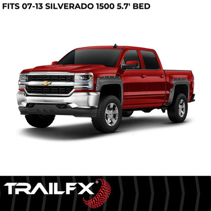 TRAILFX TFC3003S TrailFX Pocket Style Fender Flares for Chevrolet Silverado 1500 5.7 Foot Bed 2007-2013 Black Smooth Paintable Polypropylene Set of 4 with Stainless and Black Steel Rivets TrailFX TFC3003S