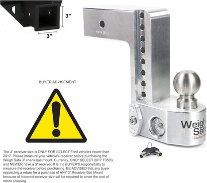WEIGH SAFE WS8-3 Weigh Safe Adjustable Trailer Hitch Ball Mount - 8" Adjustable Drop Hitch for 3" Receiver - Premium Heavy Duty Aluminum Trailer Tow Hitch with Built in Weight Scale for Anti Sway - 21,000 lbs GTW