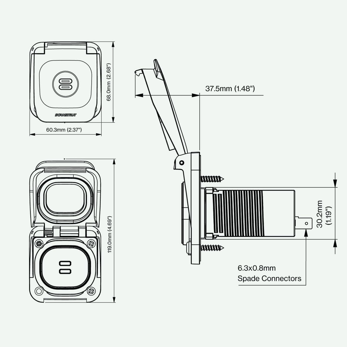 SCANSTRUT SC-V-USB-01 Scanstrut Ventura SC-V-USB-01 Dual USB-C Socket, 60W Fast Charge, IP68/IP69K Waterproof, 12/24V DC, Marine-Grade Flush Mount for RV, Van & Boat