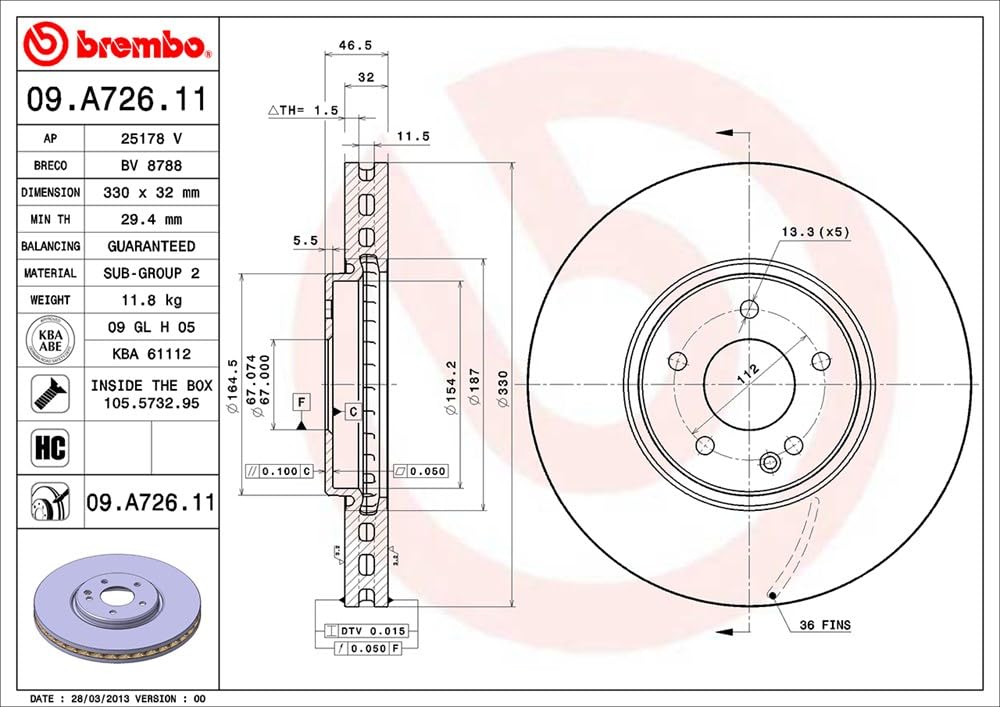BREMBO 09A72611C02 Brembo 09.A726.11 UV Coated Front Disc Brake Rotor