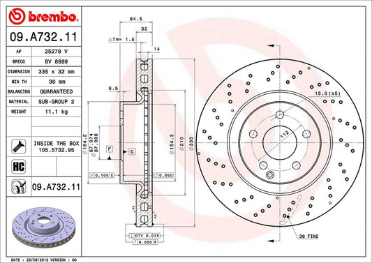 BREMBO 09A73211C02 Brembo 09.A732.11 UV Coated vented drilled Front Brake Rotor BRABUS/MERCEDES-BENZ OE# A2214211012