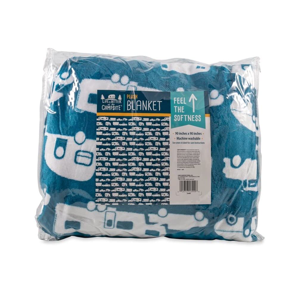 CAMCO 53440 Camco 53440 Life is Better at The Campsite Plush Fleece Blanket, Queen Size - Keeps You Warm While at Home, Camping or on Picnics - Machine Washable - Features a Brand RV Print, Blue