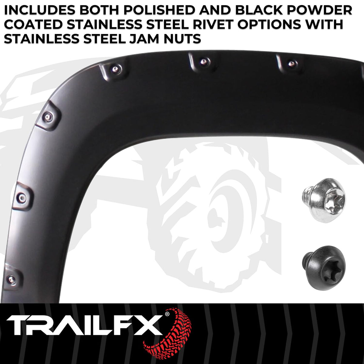 TRAILFX TFG3001S TrailFX Fender Flares Fits GMC Sierra 1500 2007-2013 Pocket Style Black Smooth Paintable Plastic Set of 4 Fender Flares with Stainless and Black Steel Rivets TrailFX TFG3001S