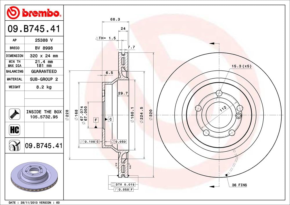 BREMBO 09B74541C02 Brembo 09.B745.41 UV Coated vented Rear Brake Rotor MERCEDES-BENZ OE# A0004231112
