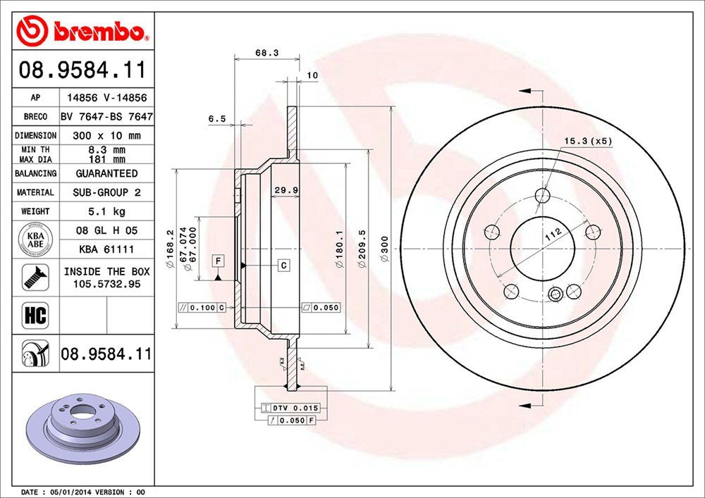 BREMBO 08958411C02 Brembo 08.9584.11 UV Coated solid Rear Brake Rotor MERCEDES-BENZ/MERCEDES-BENZ (BBDC) OE# A0004231012